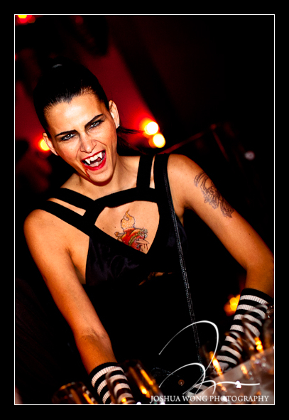 Top model Fernanda Motta attend Carolina Bittencourts Halloween Birthday Bash dressed as a vampire. Event photography images by NYC Celebrity Photographer Josh Wong Photography