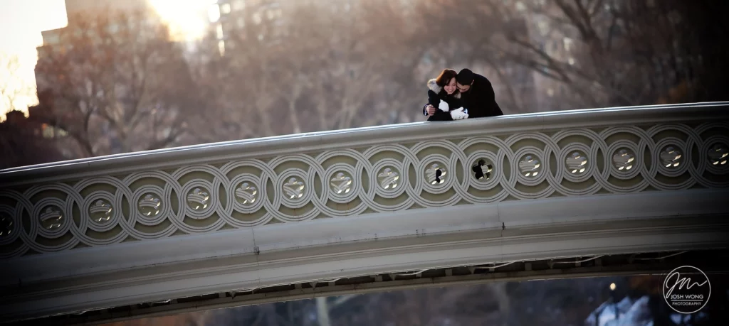 A beautiful winter proposal on Bow Bridge in Central Park NYC by wedding and engagement photographer Josh Wong Photography