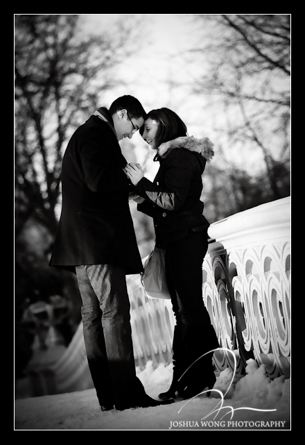 nyc proposal photographer - A winter marriage proposal at Bow Bridge in Central Park. photo by top NY wedding photographer Josh Wong Photography
