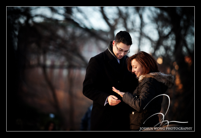 best spots for a marriage proposal - A winter marriage proposal at Bow Bridge in Central Park. photo by top NY wedding photographer Josh Wong Photography