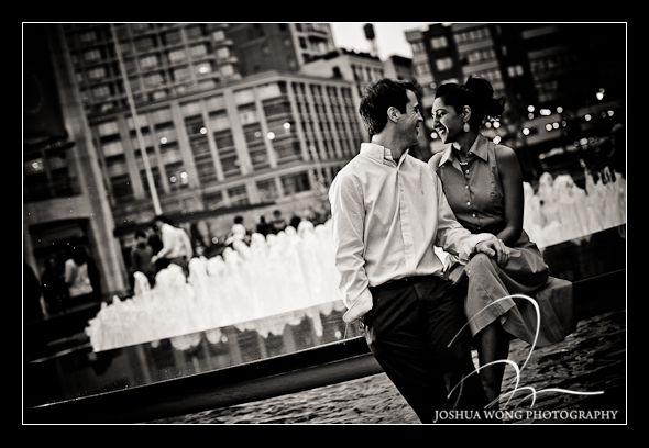 The fountain at New York City Lincoln Center engagement photo shoot. Engagement Pictures by Josh Wong Photography