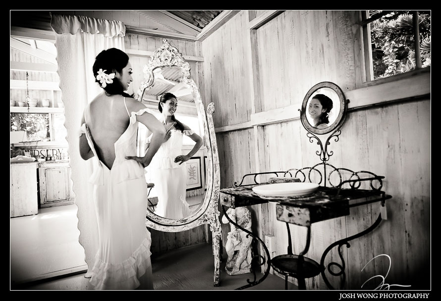 The bride getting ready in the bridal suite at Haiku Mill. Haiku Mill Destination Wedding, Maui Hawaii - Wedding Pictures by Destination Wedding Photographer Josh Wong Photography