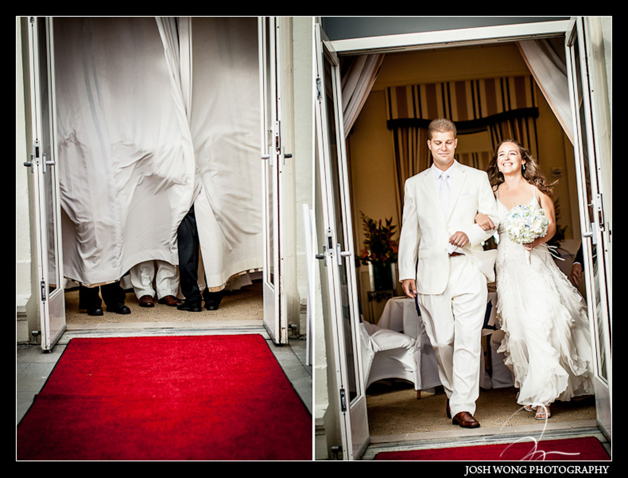 Walking down the aisle on the Red Carpet. A San Francisco Wedding at the Cliff House Restaurant by top Bay Area wedding photographer Josh Wong Photography