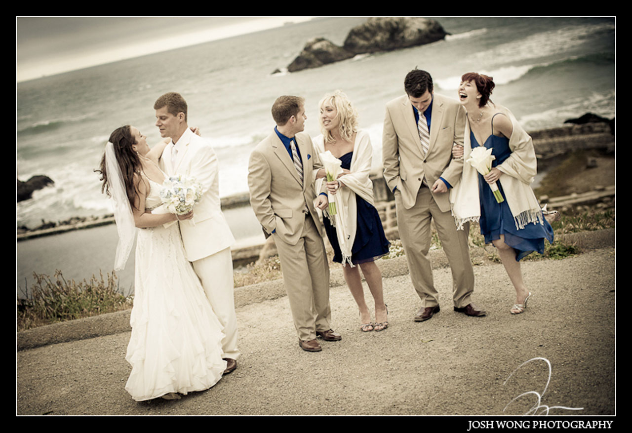 The bridal party head down to the historical landmark Sutro Baths for the bridal party photoshoot.  A San Francisco Wedding at the Cliff House Restaurant by top Bay Area wedding photographer Josh Wong Photography