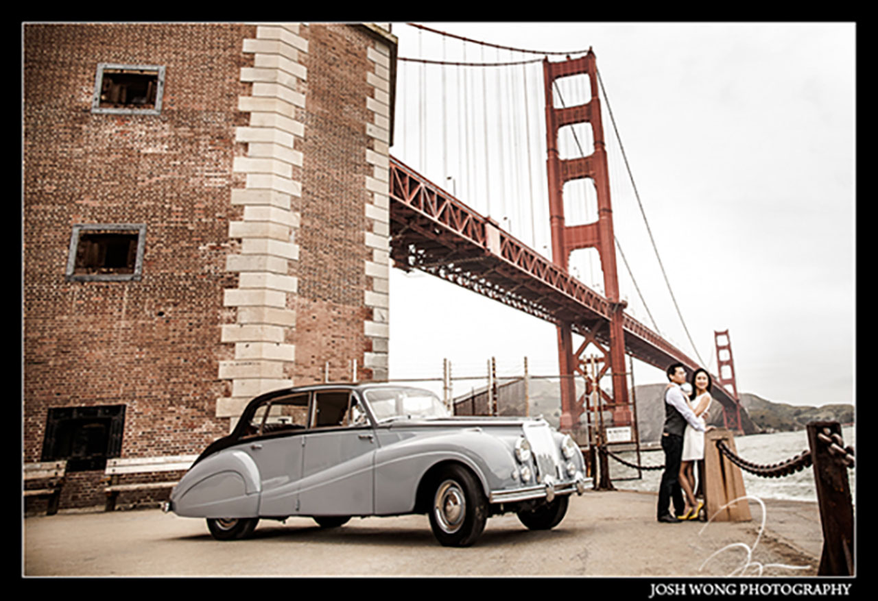 The Armstrong Siddeley, vintage car engagement photoshoot at the Golden Gate Bridge with top Bay Area wedding photographer Josh Wong Photography