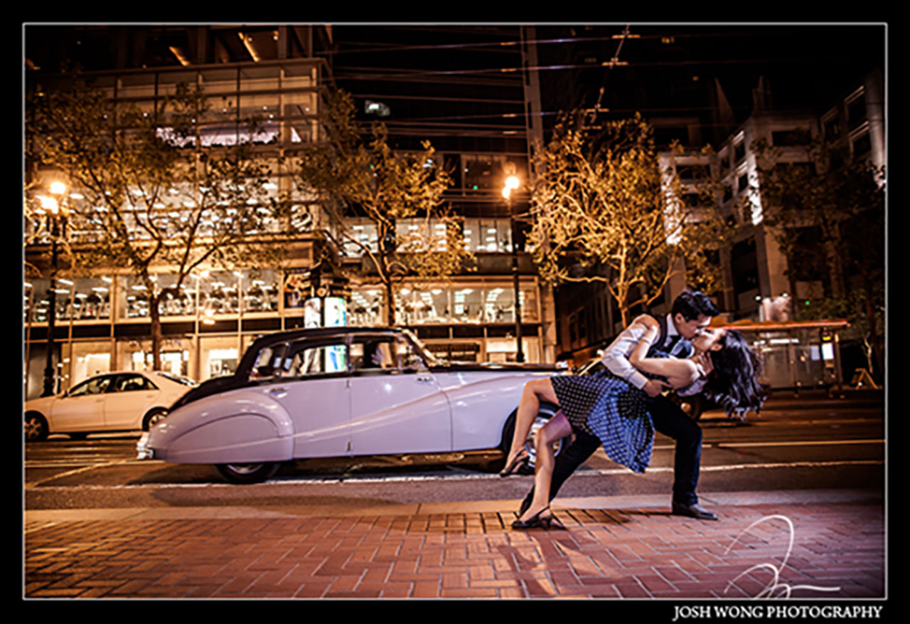 The Armstrong Siddeley, vintage car engagement photoshoot on Market Street with top Bay Area wedding photographer Josh Wong Photography