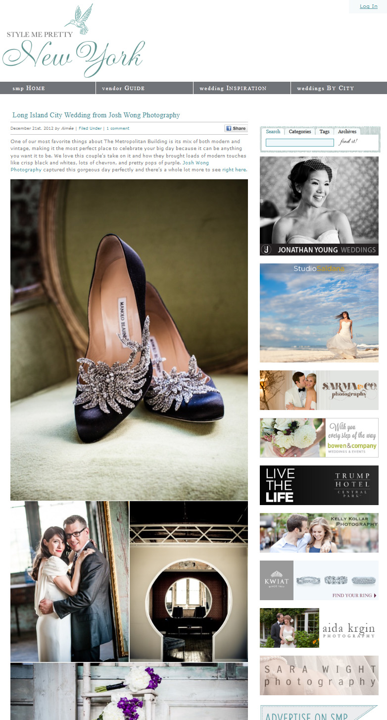 A StyleMePretty featuring a Metropolitan Building wedding in Long Island City by top NYC wedding photographer Josh Wong Photography.