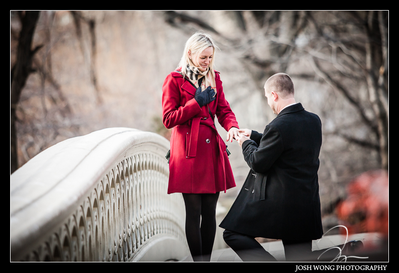 A Central Park Bow Bridge surprise marriage proposal by top NYC wedding photographer Josh Wong Photography