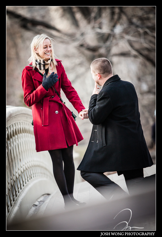 A Central Park Bow Bridge surprise marriage proposal by top NYC wedding photographer Josh Wong Photography