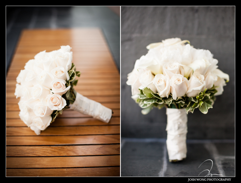 The wedding bouquet. The bride getting dressed. Wedding pictures by Josh Wong Photography