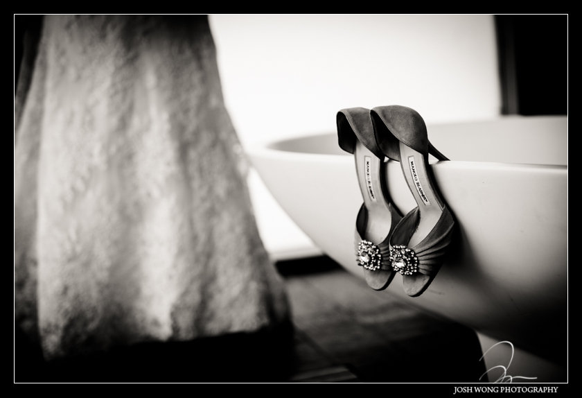 Gorgeous wedding shoes by Manolo Blahnik. The bride getting dressed. Wedding pictures by Josh Wong Photography