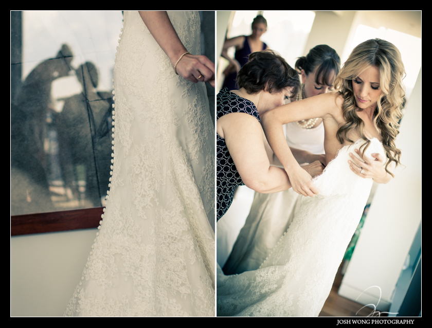 The bride getting dressed.  The Bride is wearing a Anne Barge Wedding Dress. Wedding pictures by Josh Wong Photography