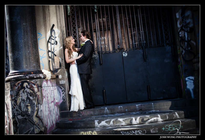 Some fashion editorial styled bride and groom pictures after their first look. Graffiti Building Lower East Side. Wedding pictures provided by Josh Wong Photography