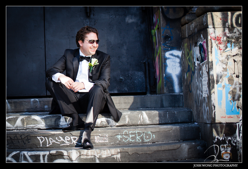 Some fashion editorial styled bride and groom pictures after their first look. Graffiti Building Lower East Side. Wedding pictures provided by Josh Wong Photography