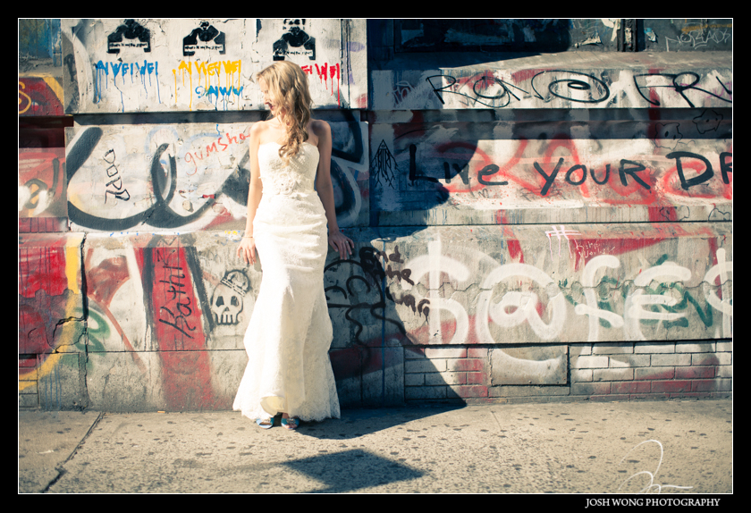 Some fashion editorial styled bride and groom pictures after their first look. Graffiti Building Lower East Side. Wedding pictures provided by Josh Wong Photography
