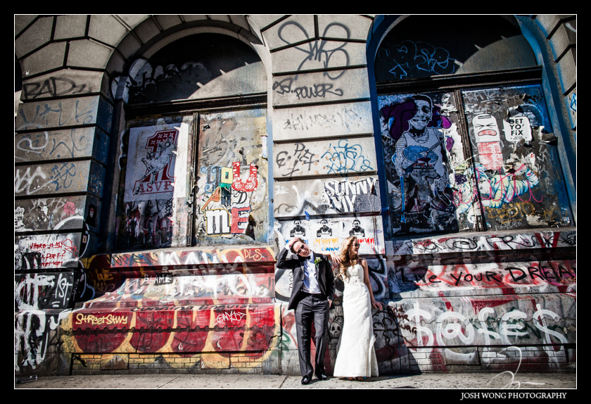 Some fashion editorial styled bride and groom pictures after their first look. Graffiti Building Lower East Side. Wedding pictures provided by Josh Wong Photography
