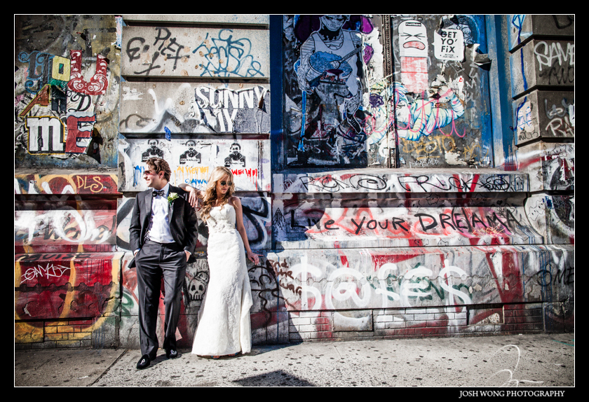 Some fashion editorial styled bride and groom pictures after their first look. Graffiti Building Lower East Side. Wedding pictures provided by Josh Wong Photography