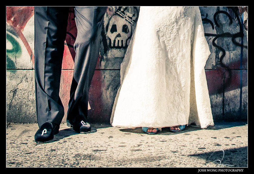Some fashion editorial styled bride and groom pictures after their first look. Graffiti Building Lower East Side. Wedding pictures provided by Josh Wong Photography