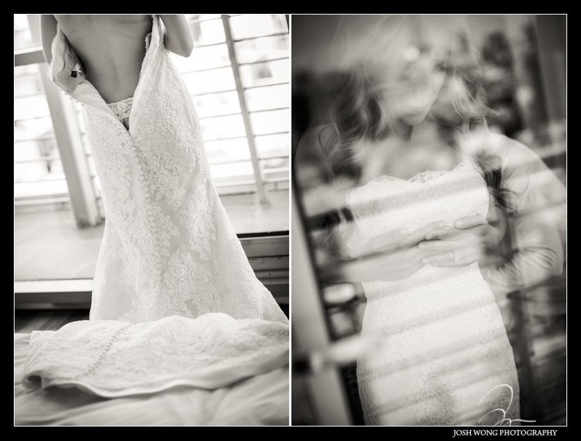 The bride getting dressed.  The Bride is wearing a Anne Barge Wedding Dress. Wedding pictures by Josh Wong Photography