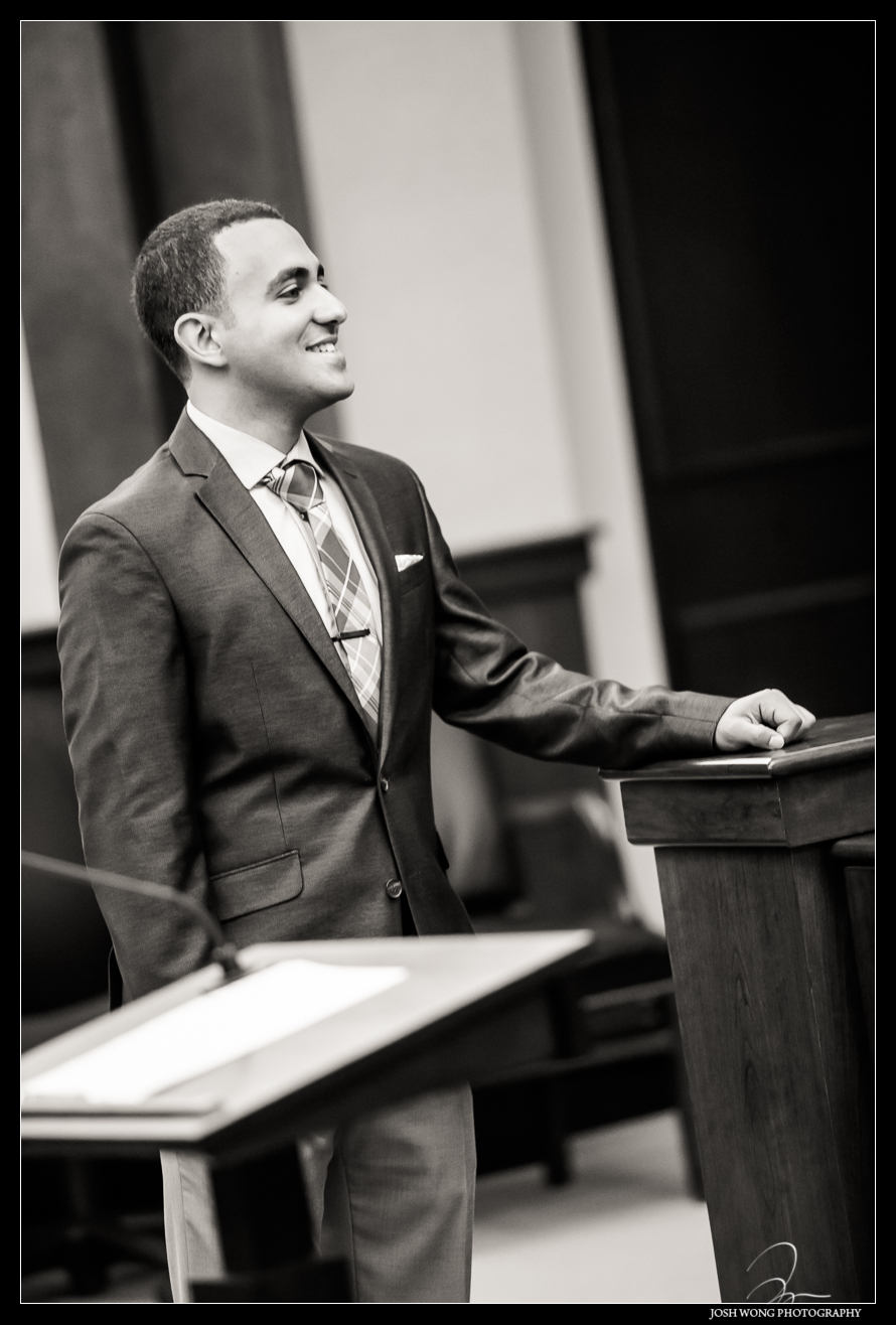 Anthony watches his bride to be reading a letter  from Anthony.  Anthony's surprise wedding and marriage proposal to Christina in a Mock Courtroom Trial.