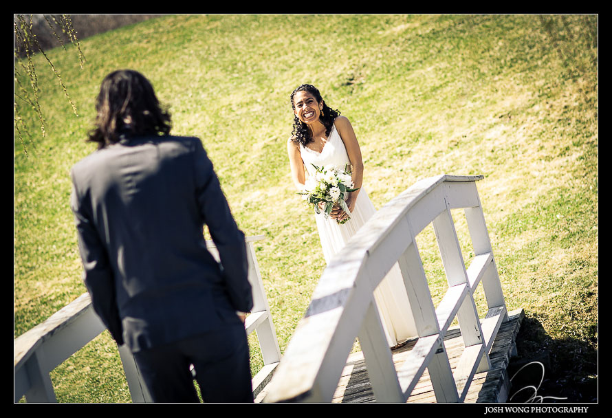 Some of the best expressions come during the first look.. The Barns at Wesleyan Hills Wedding in Middletown, CT photos by the best Connecticut wedding photographer Josh Wong Photography
