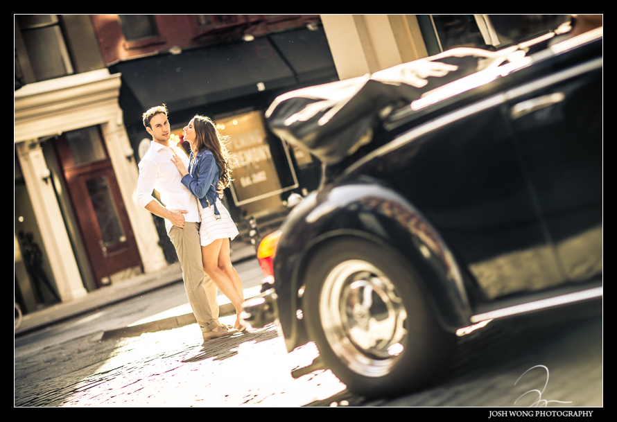 Crosby Street in SoHo with the sun cresting over from behind the building providing some amazing light. Soho Engagement pictures by NYC Photographer Josh Wong