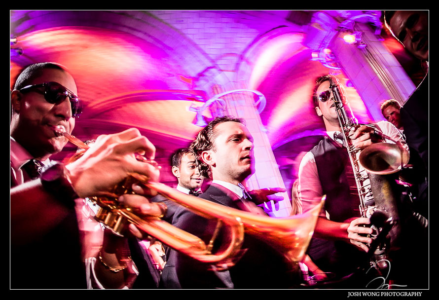 The live band jamming in the crowd. Guastavino's Wedding Pictures by New York City wedding photographer Josh Wong Photography