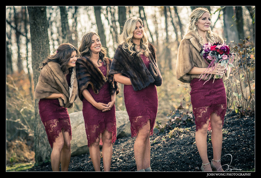 Bridesmaids Dresses by Free People.
The bridesmaid have a little laugh during the fall sunset wedding ceremony. Brandywine Manor House. 