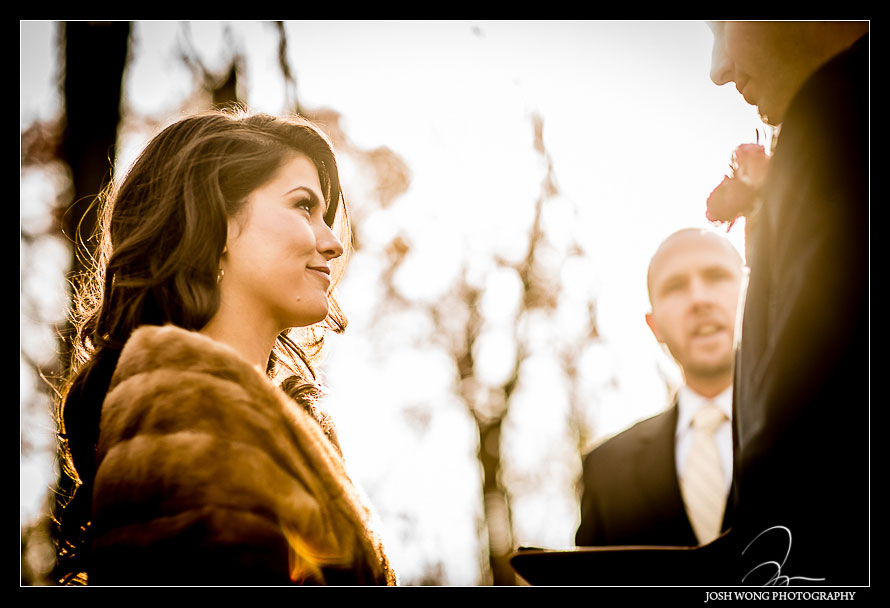 The beautiful couple have a gorgeous sunset lit fall wedding ceremony. Brandywine Manor House.