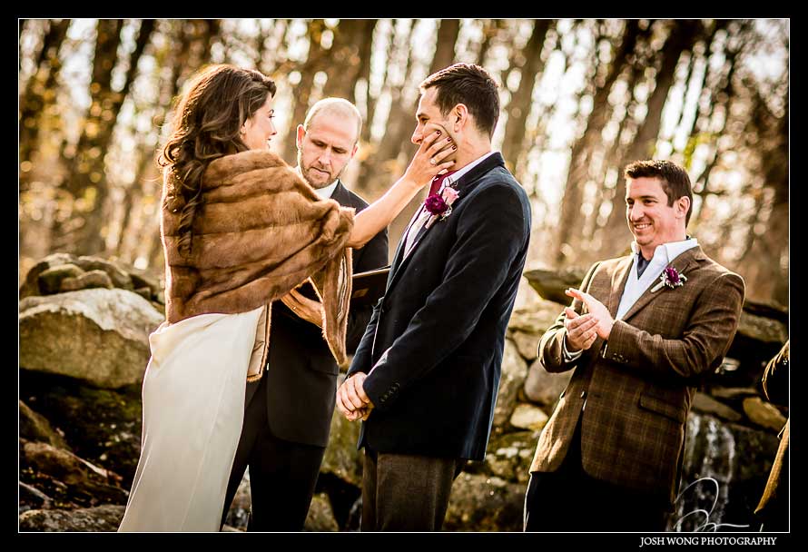 The beautiful couple have a gorgeous sunset lit fall wedding ceremony. Brandywine Manor House.