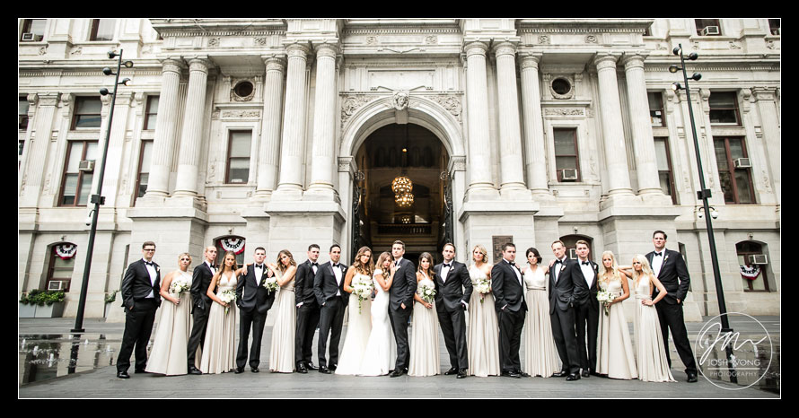Bridal party Vogue style photoshoot at Philadelphia City Hall. Philadelphia wedding pictures by top Philly wedding photographer Josh Wong Photography