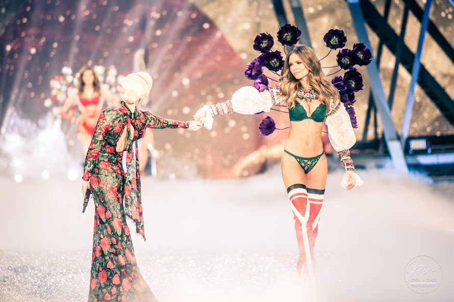 Laga Gaga and top model Josephine Skriver touch fingertips at the Victoria Secret Fashion 2016 in Paris, France. Photo by Josh Wong Photography