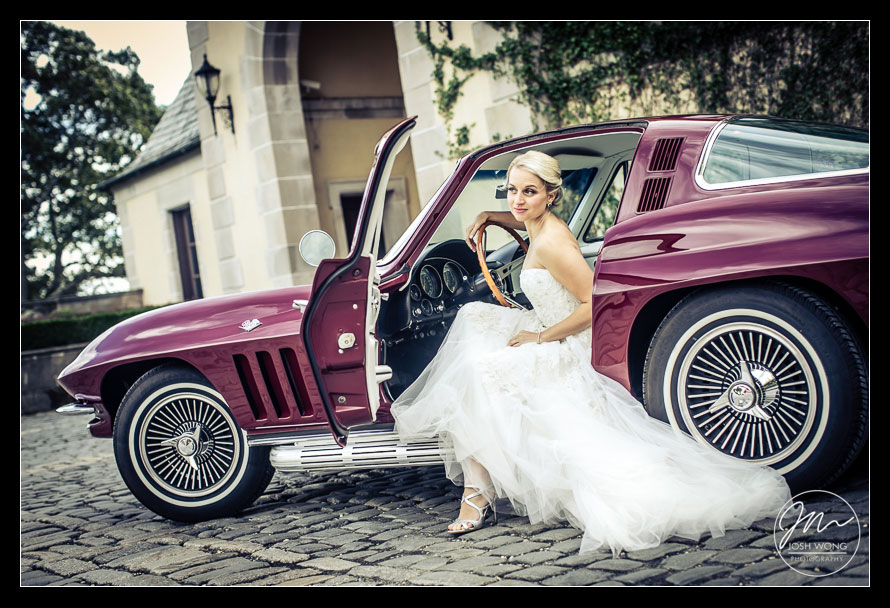Classic Stingray Corvette wedding car parked at Oheka Castle.
