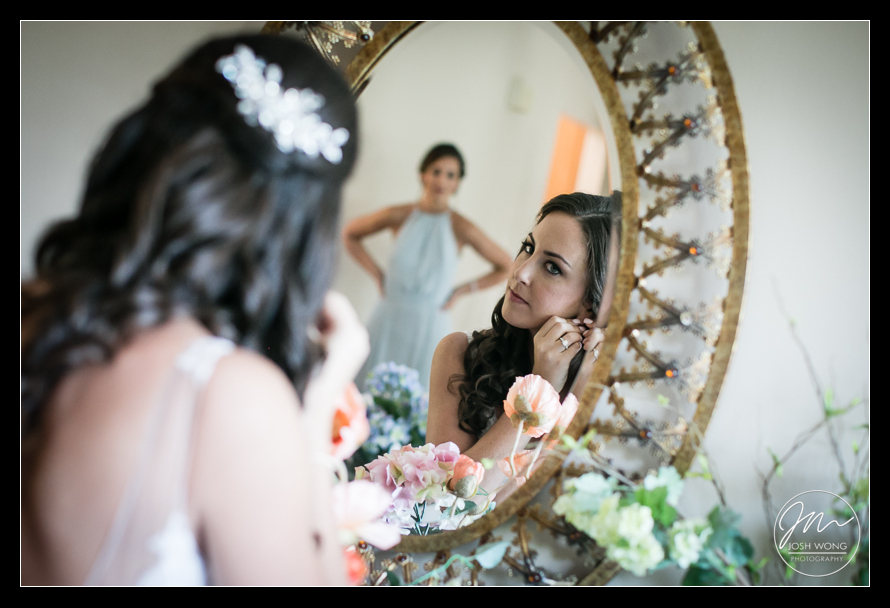 A reflection of the bridesmaids watching the bride getting ready. Best candid and real moments. Wedding photos by top New York Wedding Photographer Josh Wong Photography