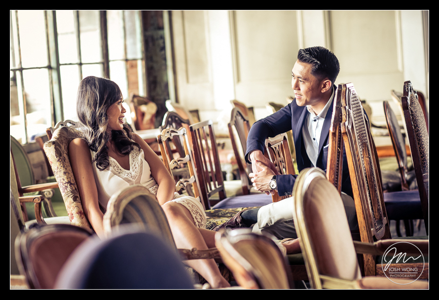 The Metropolitan Building in Long Island City is full of rustic and vintage furniture that you can use to stylize your engagement photoshoot. engagement pictures by top New York wedding engagement and fashion photographer Josh Wong Photography