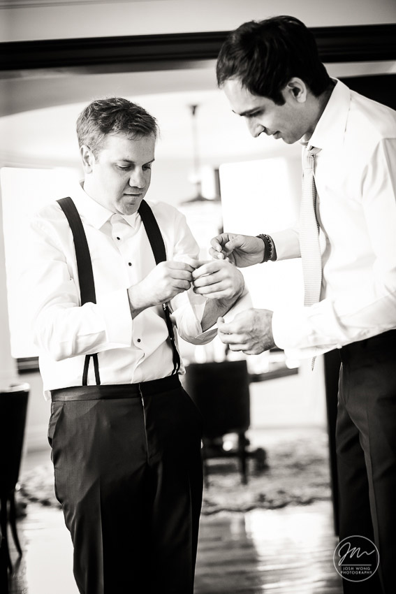 The groom and his groomsmen getting ready at the NoMad Hotel NYC. Wedding photos by New York Wedding Photographers Josh Wong Photography. 