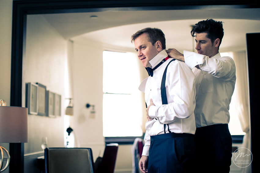 The groom and his groomsmen getting ready at the NoMad Hotel NYC. Wedding photos by New York Wedding Photographers Josh Wong Photography. 
