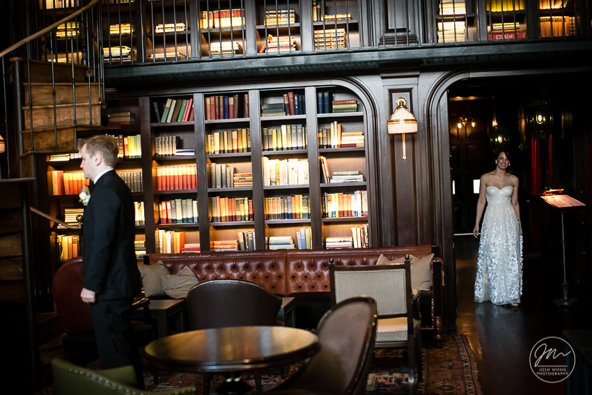 The library room at the NoMad Hotel. The first look.The NoMad Hotel New York wedding pictures by Josh Wong Photography