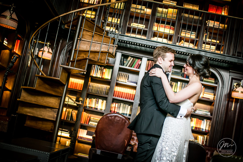 The library room at the NoMad Hotel. The first look.The NoMad Hotel New York wedding pictures by Josh Wong Photography.