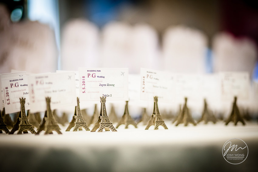 Wedding seat assignment cards using custom Eiffel Tower card holders.