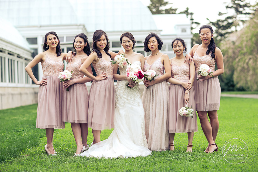 The bride and the bridesmaids. The Vanity Fair style bridal party photoshoot. New York Botanical Garden Wedding Pictures by NYC Wedding Photographer Josh Wong Photography