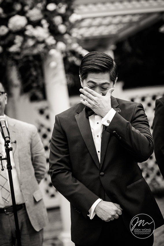In the moment. The groom tears up with emotion when seeing the bride walking down the aisle. New York Botanical Garden Wedding Pictures by NYC Wedding Photographer Josh Wong Photography