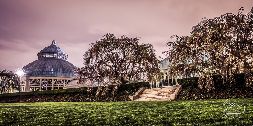 A evening photo of The Haupt Conservatory at NYBG. Wedding Photography by Josh Wong