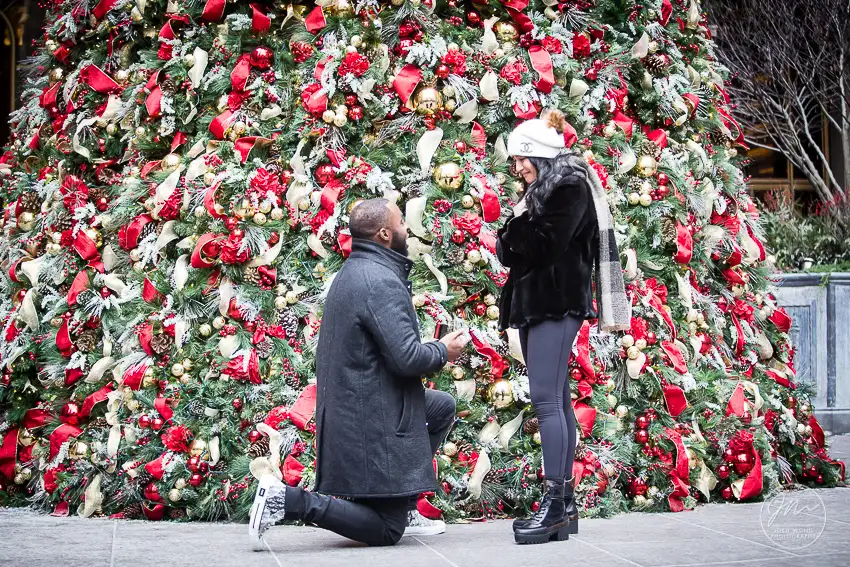 A surprise engagement proposal in front of the iconic Christmas tree at the Lotte New York Palace.