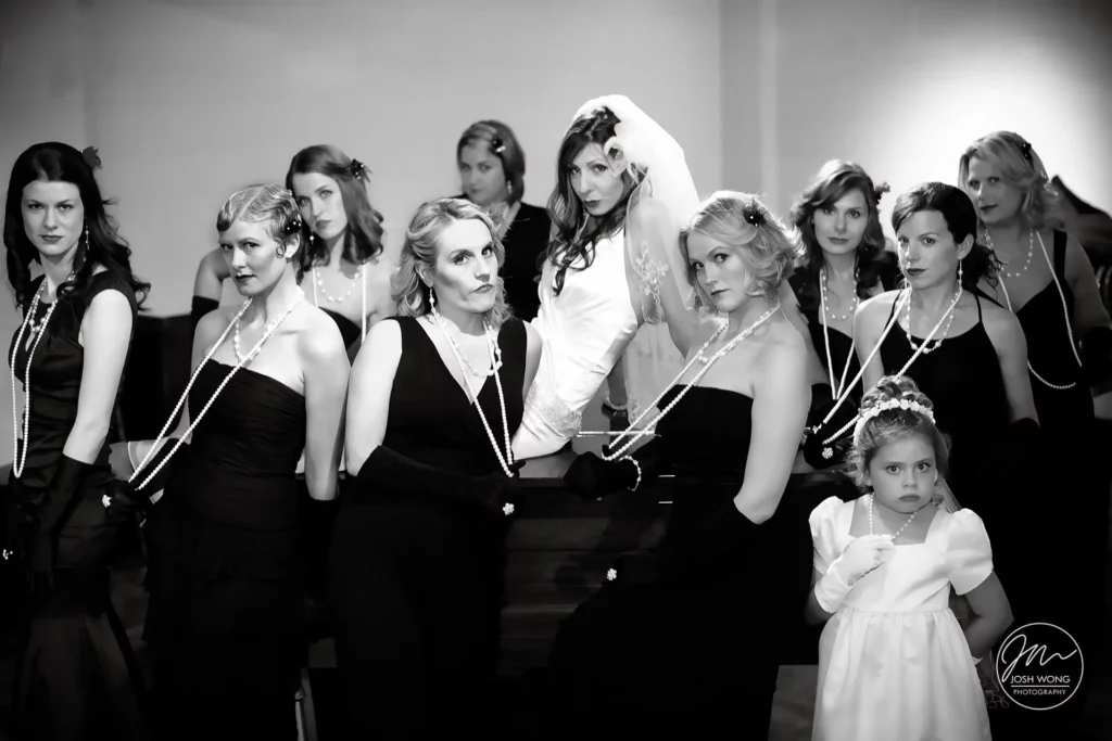 A classic Old Hollywood black and white wedding photoshoot. Image taken at the Park Avenue Christian Church by Josh Wong Photography