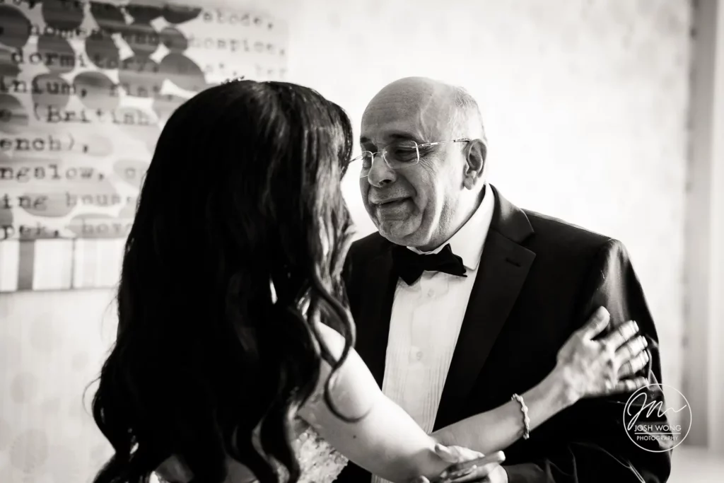 Father of the brides see his daughter in the wedding dress. Best wedding candid moments. A Nanina's In the Park Wedding photographed by New Jersey's top wedding photographer Josh Wong.