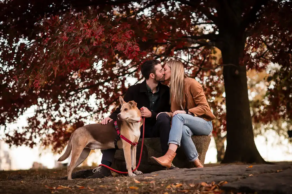 Autumn engagement photos in Central Park. photo taken by NYC wedding photographer Josh Wong