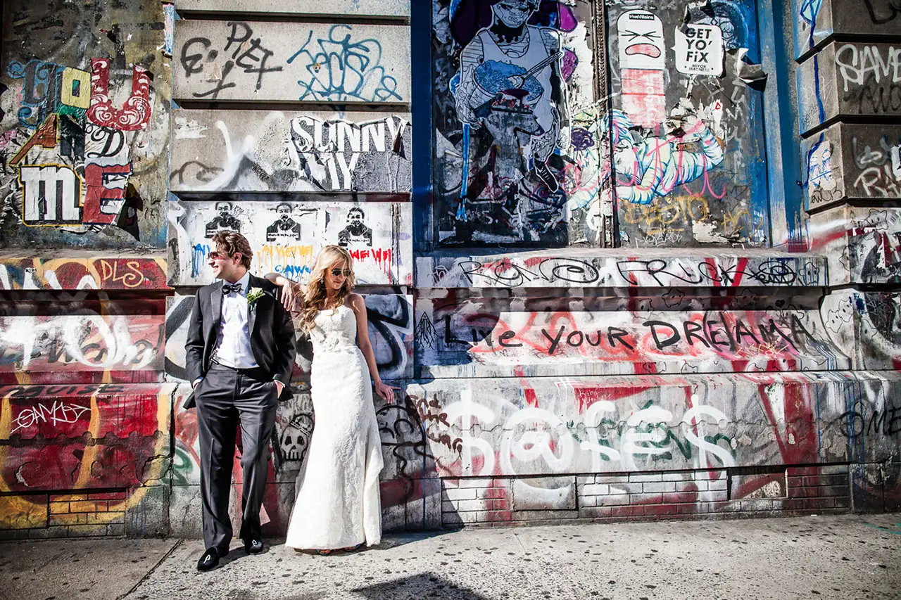 Best NYC Wedding Photographers - photo taken at the landmark Graffiti Building in the Lower East Side of Manhattan.