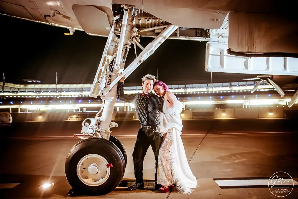 The "Connie" Airplane at the TWA Hotel. Wedding pictures photographed by New York's top wedding photographers Josh Wong Photography