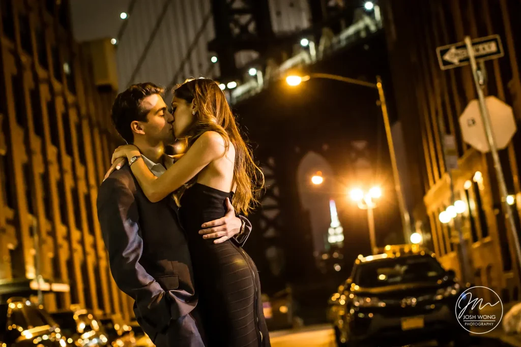 a romantic nighttime engagement session in DUMBO Brooklyn by top Brooklyn wedding photographer Josh Wong Photography